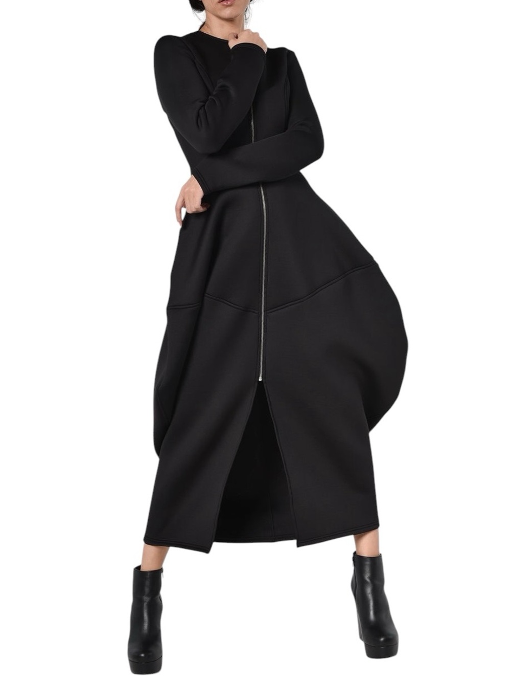 Metamorphoza Black Neoprene Avant Garde Silver Zip Front Maxi Dress
